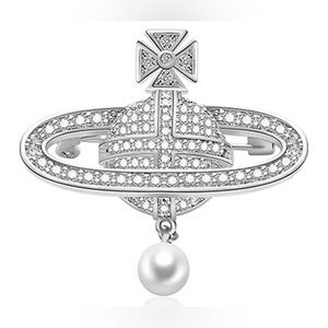 Elegant Vivienne Westwood silvertone Crystal Saturn Pearl dangle Bag Logo Brooch